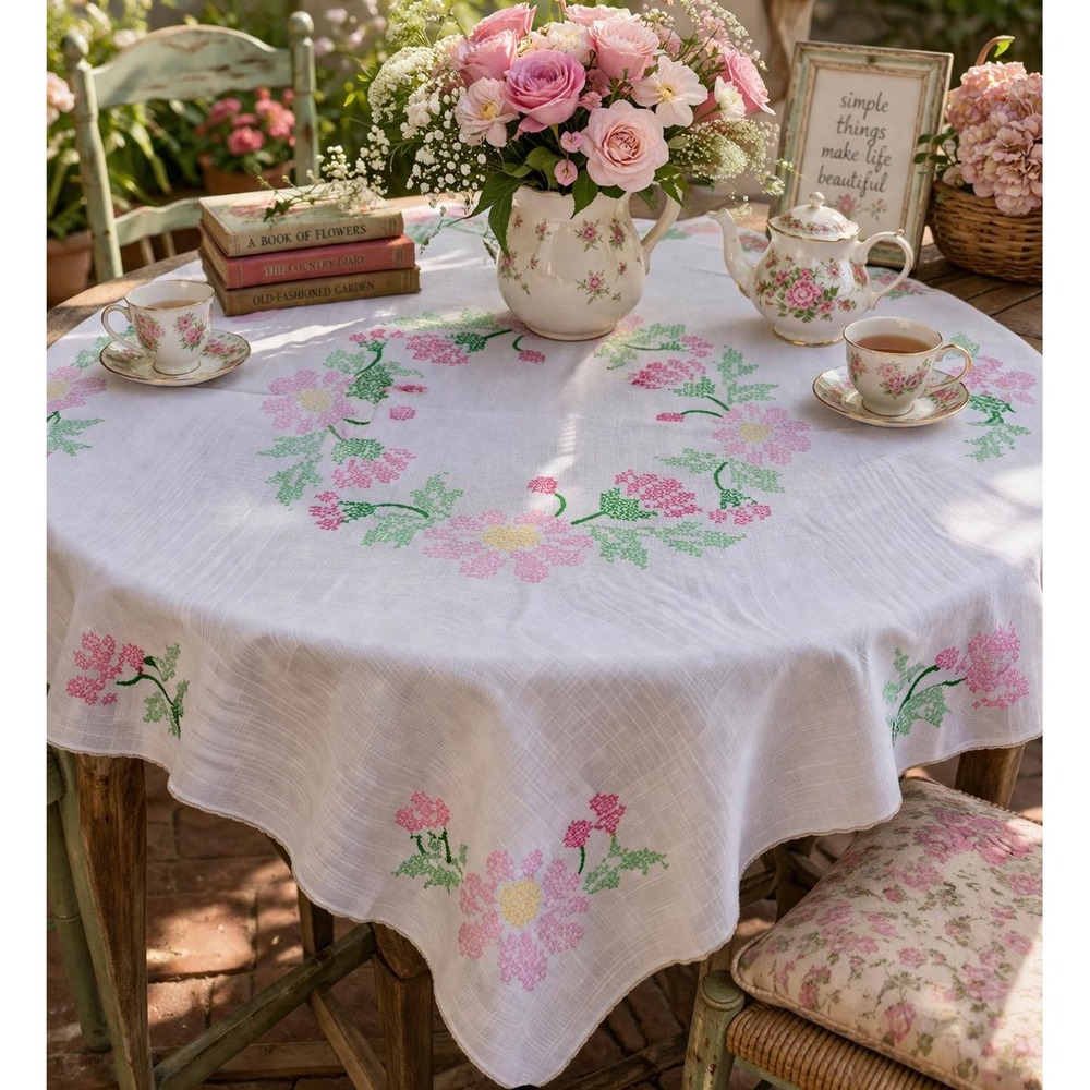 Vintage Hand Embroidered Floral Tablecloth Cottagecore Farmhouse Pink Green Line